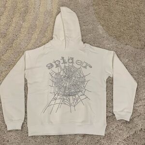 Spider Rhinestone Web Logo White Pullover Hoodie Men’s Size Large